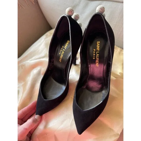 Saint Laurent Crystal Embellishments Suede Heels Pumps Black Size 36 - Picture 6 of 10